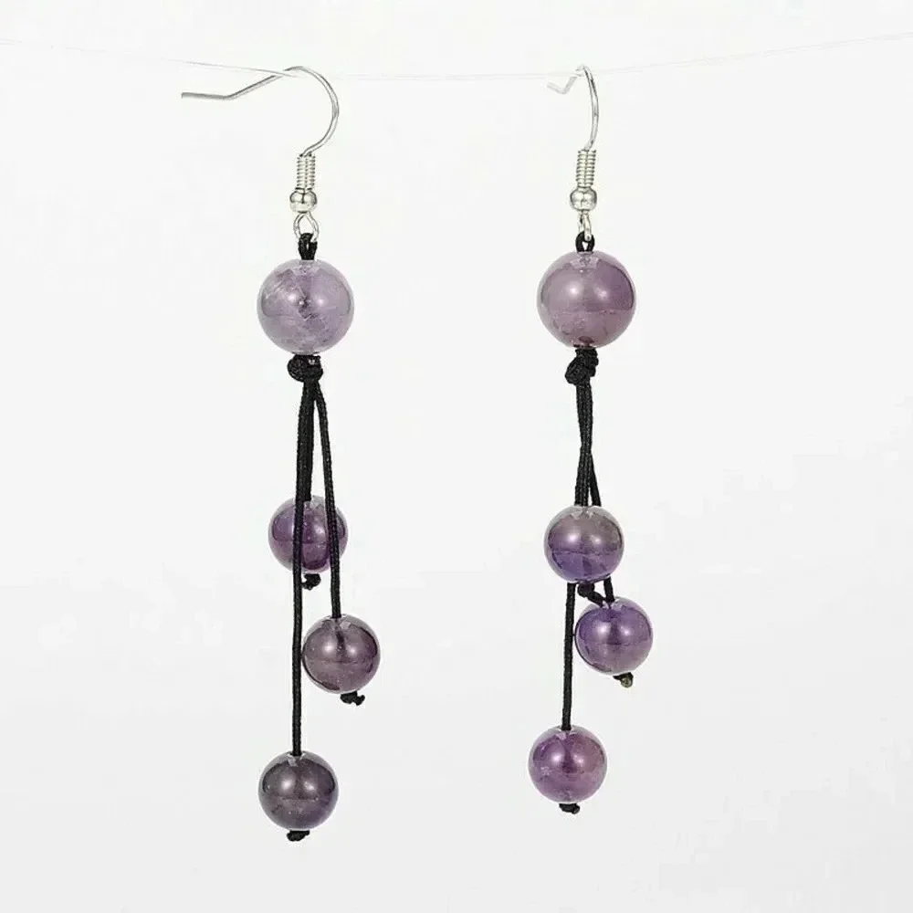 Natural Amethyst Purple Gemstone Black Silk Thread Knotted Dangle Earrings